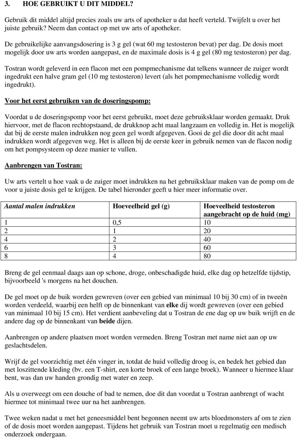 Tostran wordt geleverd in een flacon met een pompmechanisme dat telkens wanneer de zuiger wordt ingedrukt een halve gram gel (10 mg testosteron) levert (als het pompmechanisme volledig wordt