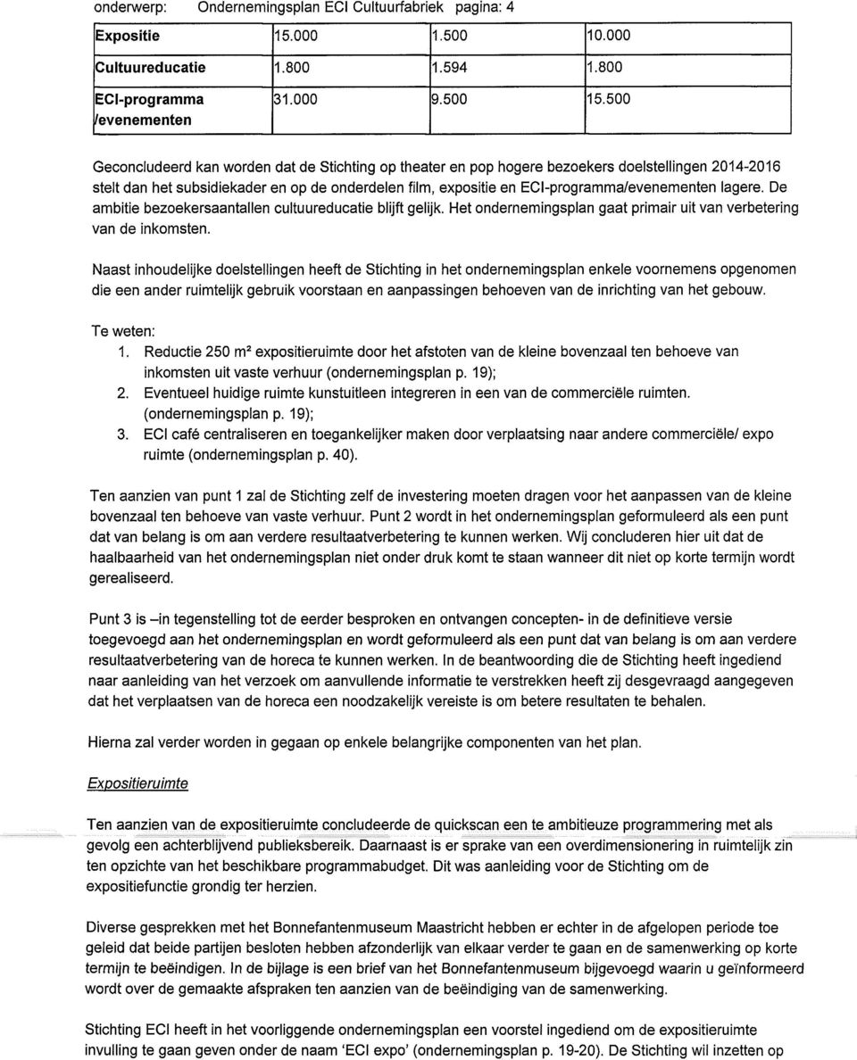 EGI-programma/evenementen lagere. De ambitie bezoekersaantallen cultuureducatie blijft gelijk. Het ondernemingsplan gaat pnmair uit van verbetenng van de inkomsten.