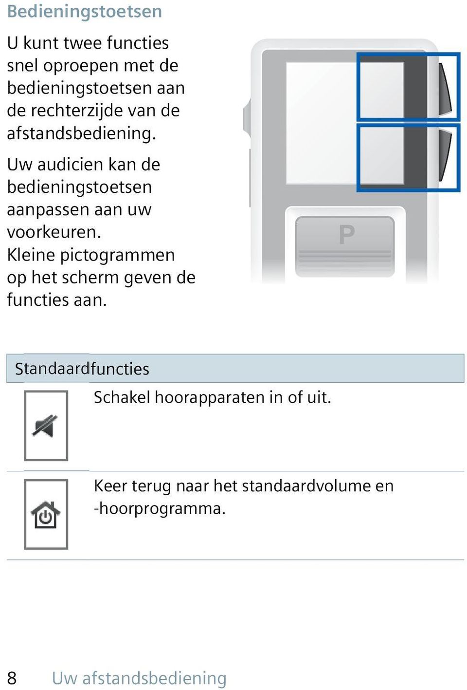 Uw audicien kan de bedieningstoetsen aanpassen aan uw voorkeuren.