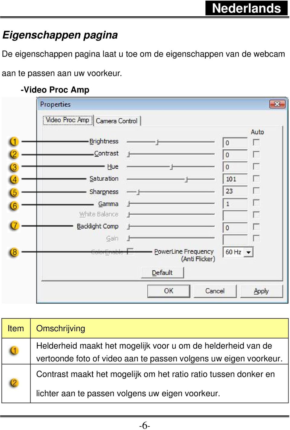 -Video Proc Amp Item Omschrijving Helderheid maakt het mogelijk voor u om de helderheid van de