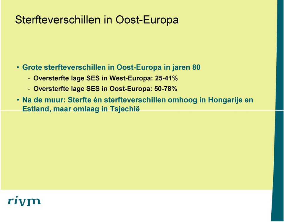 25-41% - Oversterfte lage SES in Oost-Europa: 50-78% Na de muur: