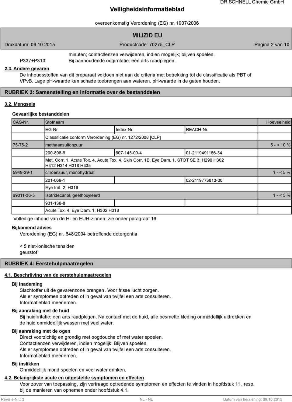 Stofnaam EG-Nr. Index-Nr. REACH-Nr. Classificatie conform Verordening (EG) nr. 1272/2008 [CLP] Hoeveelheid 75-75-2 methaansulfonzuur 5 - < 10 % 200-898-6 607-145-00-4 01-2119491166-34 Met. Corr.