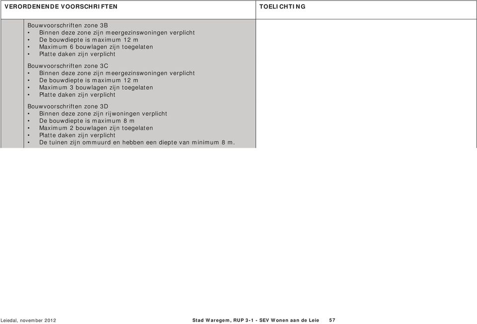 Platte daken zijn verplicht Bouwvoorschriften zone 3D Binnen deze zone zijn rijwoningen verplicht De bouwdiepte is maximum 8 m Maximum 2 bouwlagen zijn