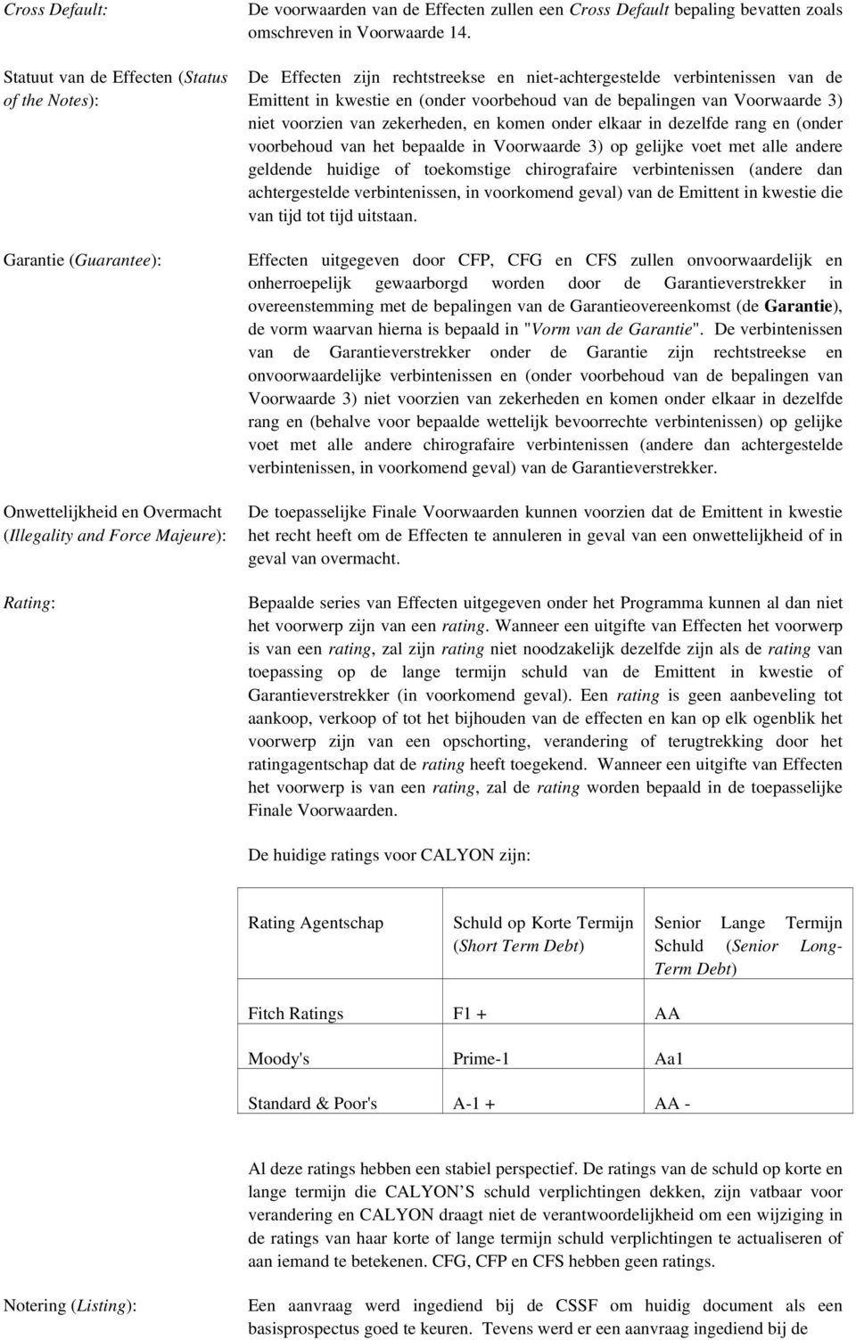 De Effecten zijn rechtstreekse en niet-achtergestelde verbintenissen van de Emittent in kwestie en (onder voorbehoud van de bepalingen van Voorwaarde 3) niet voorzien van zekerheden, en komen onder