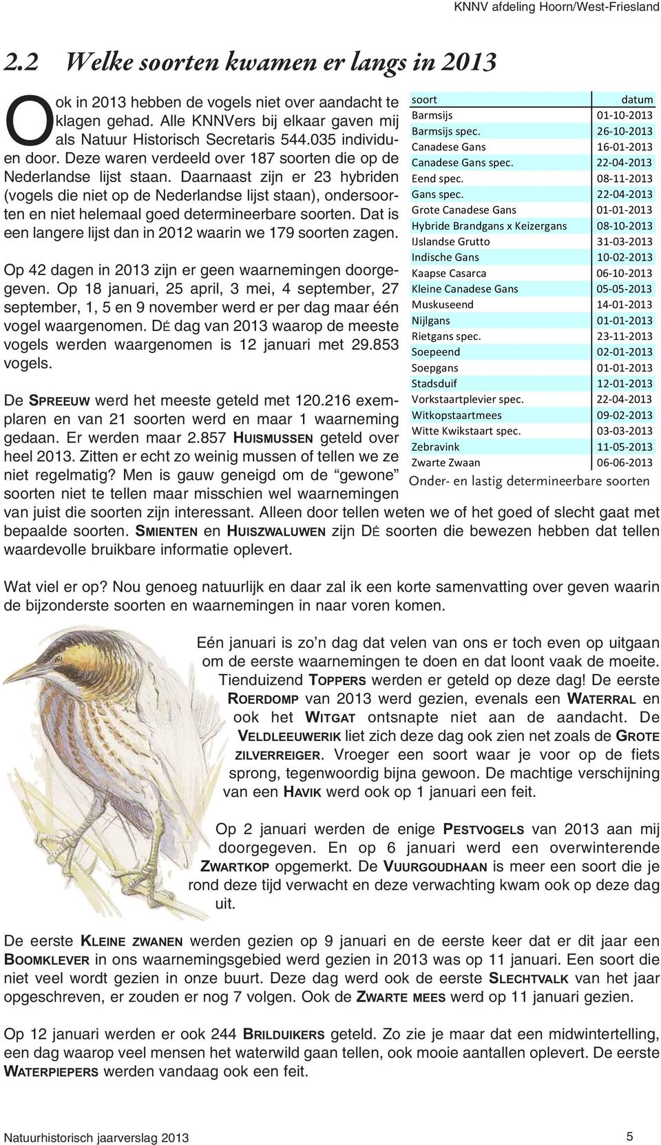 Daarnaast zijn er 23 hybriden (vogels die niet op de Nederlandse lijst staan), ondersoorten en niet helemaal goed determineerbare soorten.