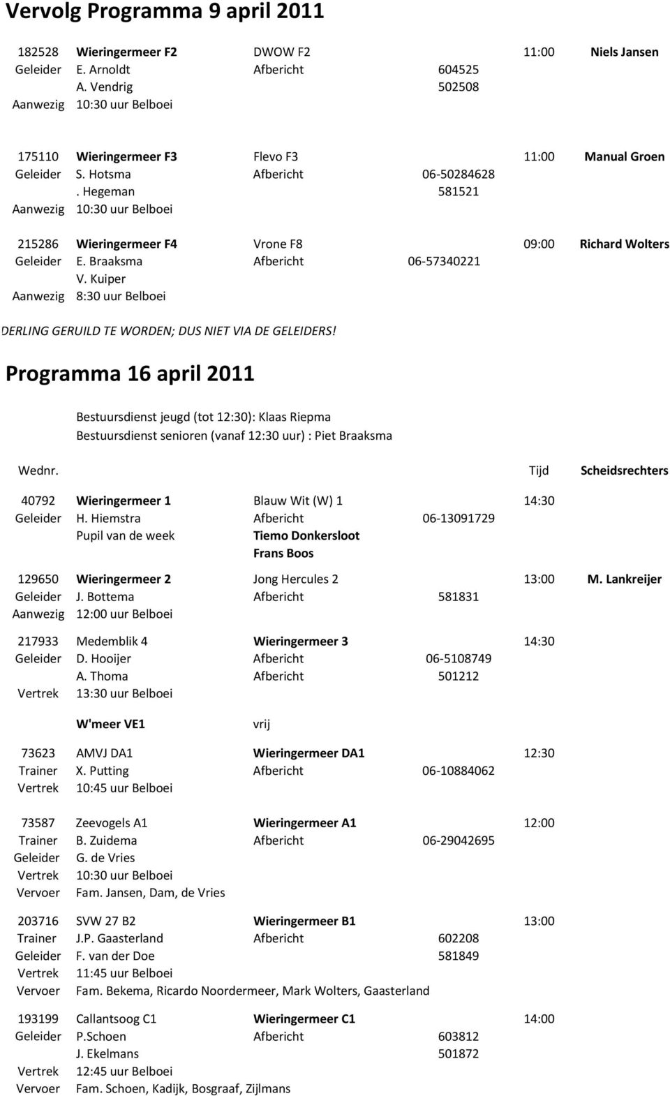 Hegeman 581521 Aanwezig 10:30 uur Belboei 215286 Wieringermeer F4 Vrone F8 09:00 Richard Wolters Geleider E. Braaksma Afbericht 06 57340221 V.