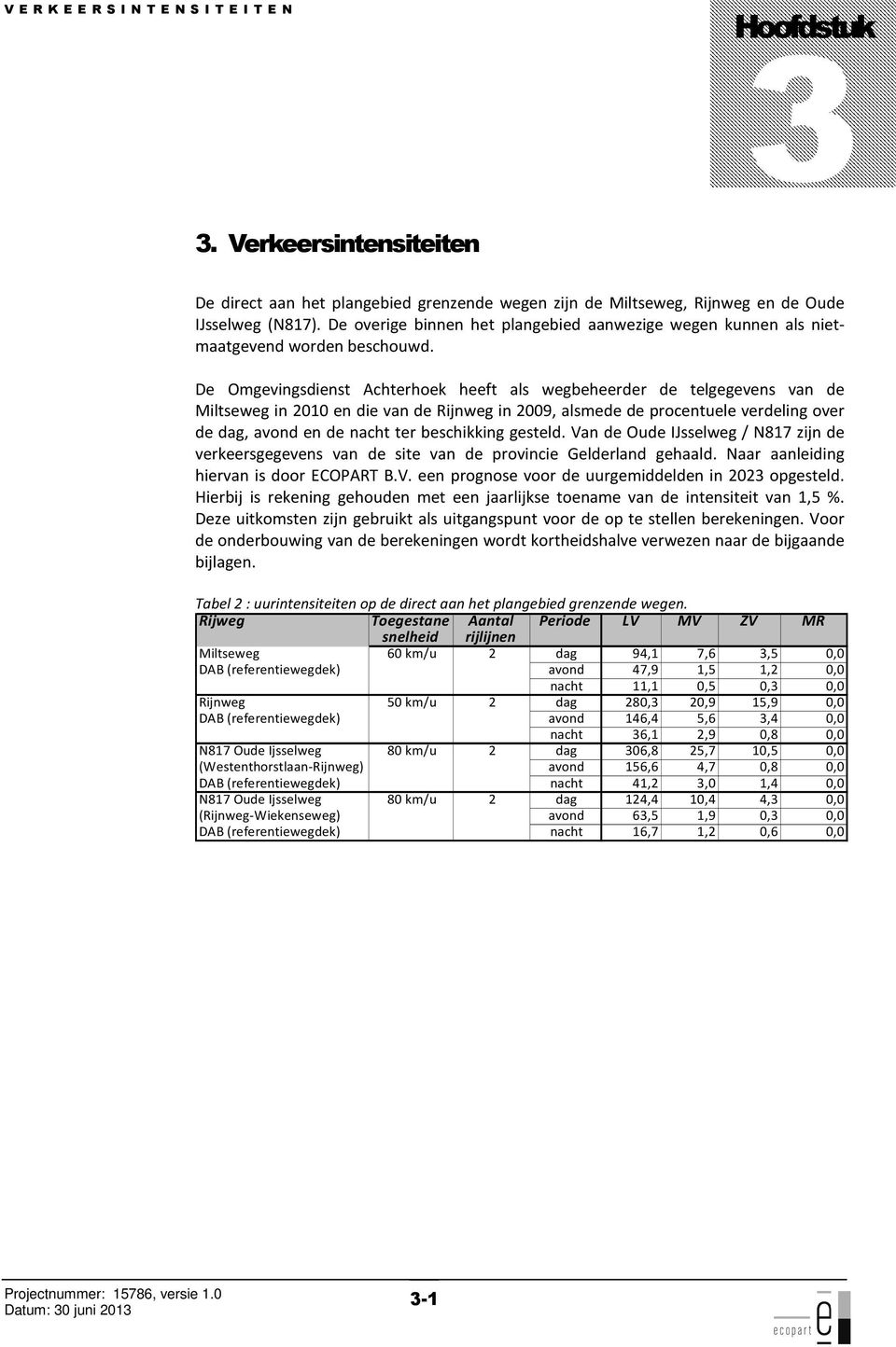 De Omgevingsdienst Achterhoek heeft als wegbeheerder de telgegevens van de Miltseweg in 2010 en die van de Rijnweg in 2009, alsmede de procentuele verdeling over de dag, avond en de nacht ter