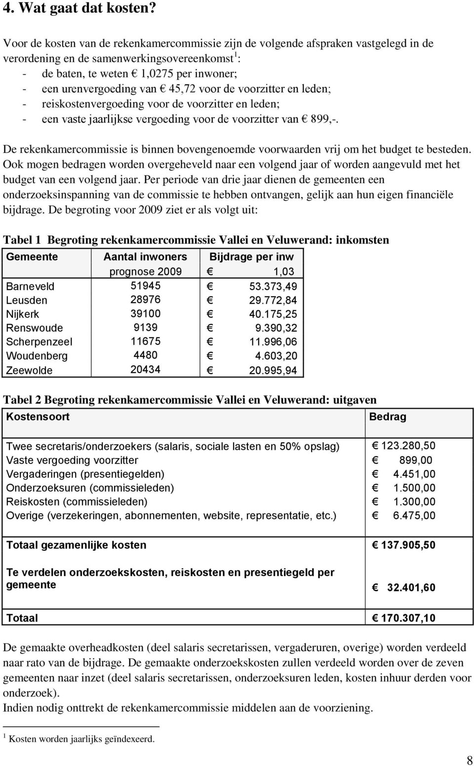 45,72 voor de voorzitter en leden; - reiskostenvergoeding voor de voorzitter en leden; - een vaste jaarlijkse vergoeding voor de voorzitter van 899,-.