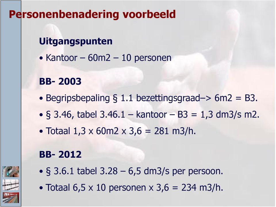 tabel 3.46.1 kantoor B3 = 1,3 dm3/s m2. Totaal 1,3 x 60m2 x 3,6 = 281 m3/h.