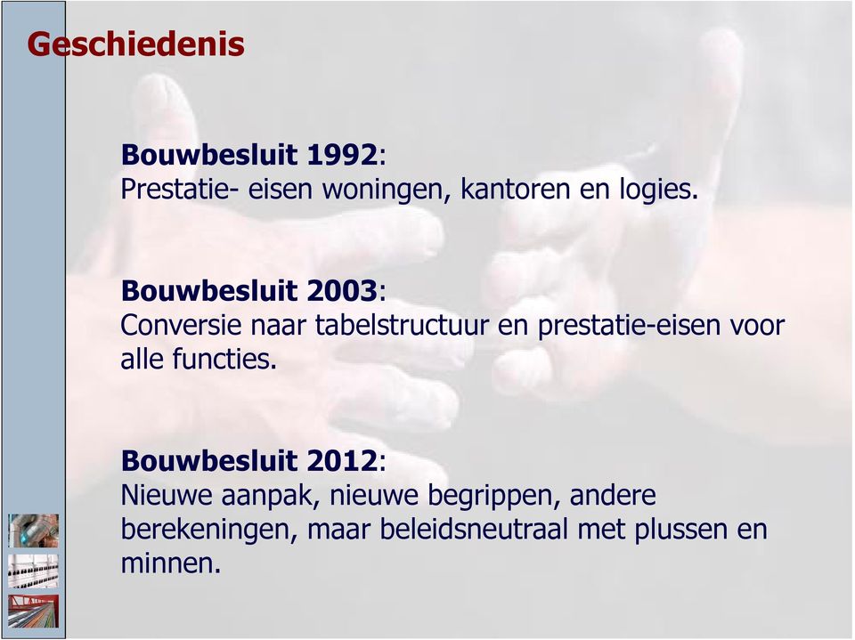 Bouwbesluit 2003: Conversie naar tabelstructuur en prestatie-eisen