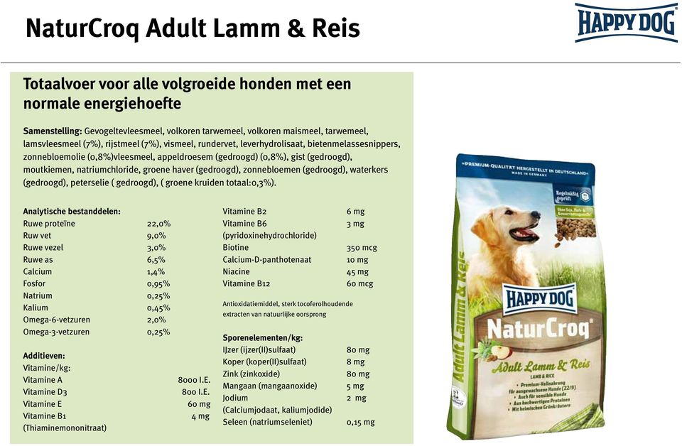 (gedroogd), zonnebloemen (gedroogd), waterkers (gedroogd), peterselie ( gedroogd), ( groene kruiden totaal:0,3%).