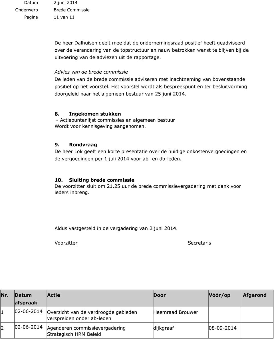 Het voorstel wordt als bespreekpunt en ter besluitvorming doorgeleid naar het algemeen bestuur van 25 juni 2014. 8.