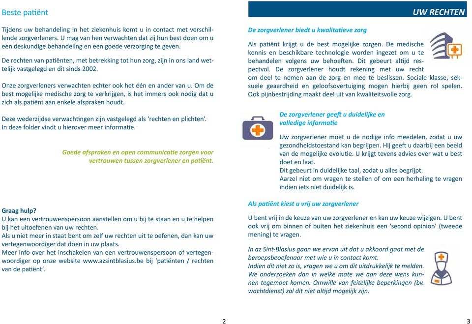 De rechten van patiënten, met betrekking tot hun zorg, zijn in ons land wettelijk vastgelegd en dit sinds 2002. Onze zorgverleners verwachten echter ook het één en ander van u.