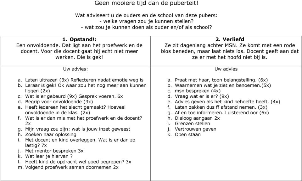 Heeft iedereen het slecht gemaakt? Hoeveel onvoldoende in de klas. (2x) f. Wat is er dan mis met het proefwerk en de docent? 2x g. Mijn vraag zou zijn: wat is jouw inzet geweest h.