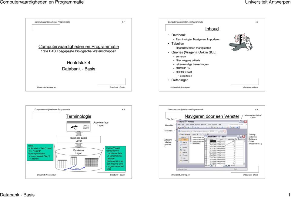 4.4 Terminologie Title Bar Navigeren door een Venster Minimize/Maximize/ Close soort datum User-Interface Layer Menu Bar lengte Tool Bars Tabel kolomtitel = "field" (veld) rij = "record"