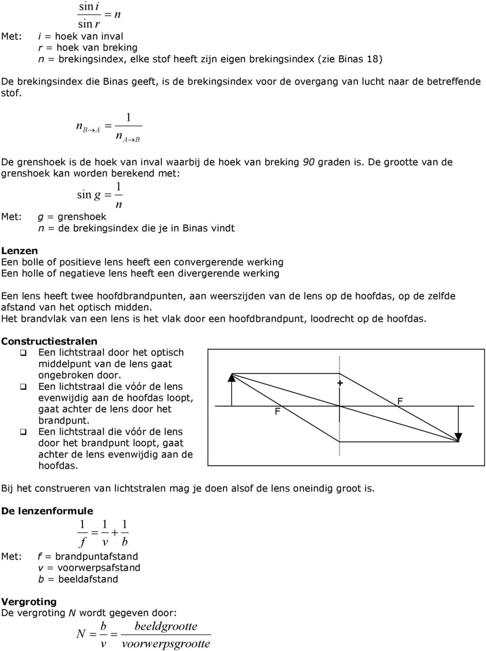 De grooe van de grenshoek kan worden berekend me: sin g n g = grenshoek n = de brekingsindex die je in Binas vind Lenzen Een bolle of posiieve lens heef een convergerende werking Een holle of