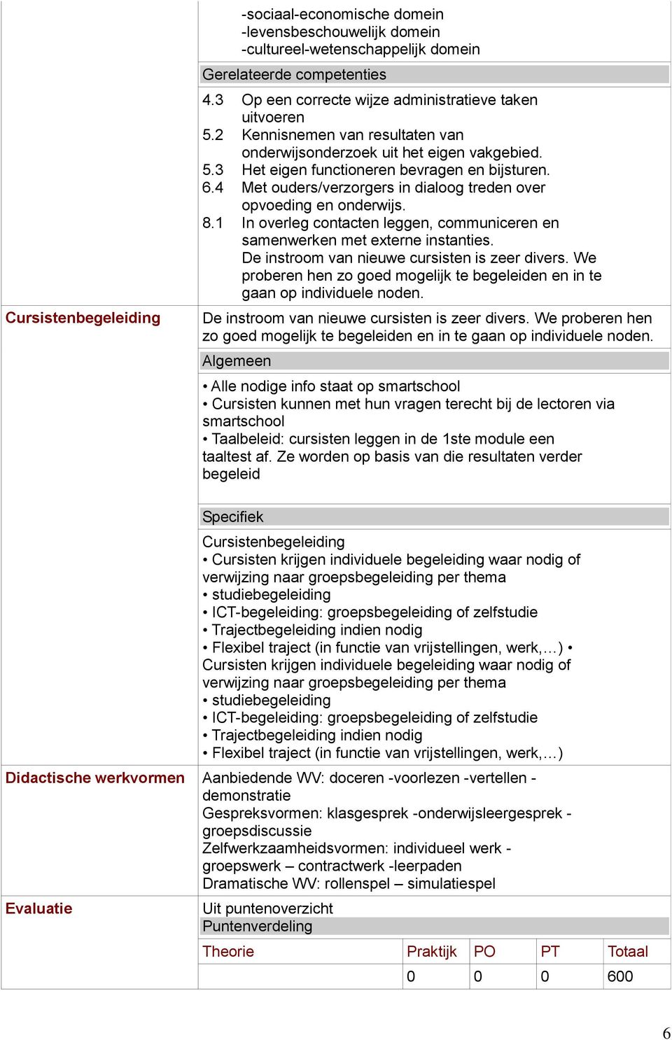 8.1 In overleg contacten leggen, communiceren en samenwerken met externe instanties. De instroom van nieuwe cursisten is zeer divers.