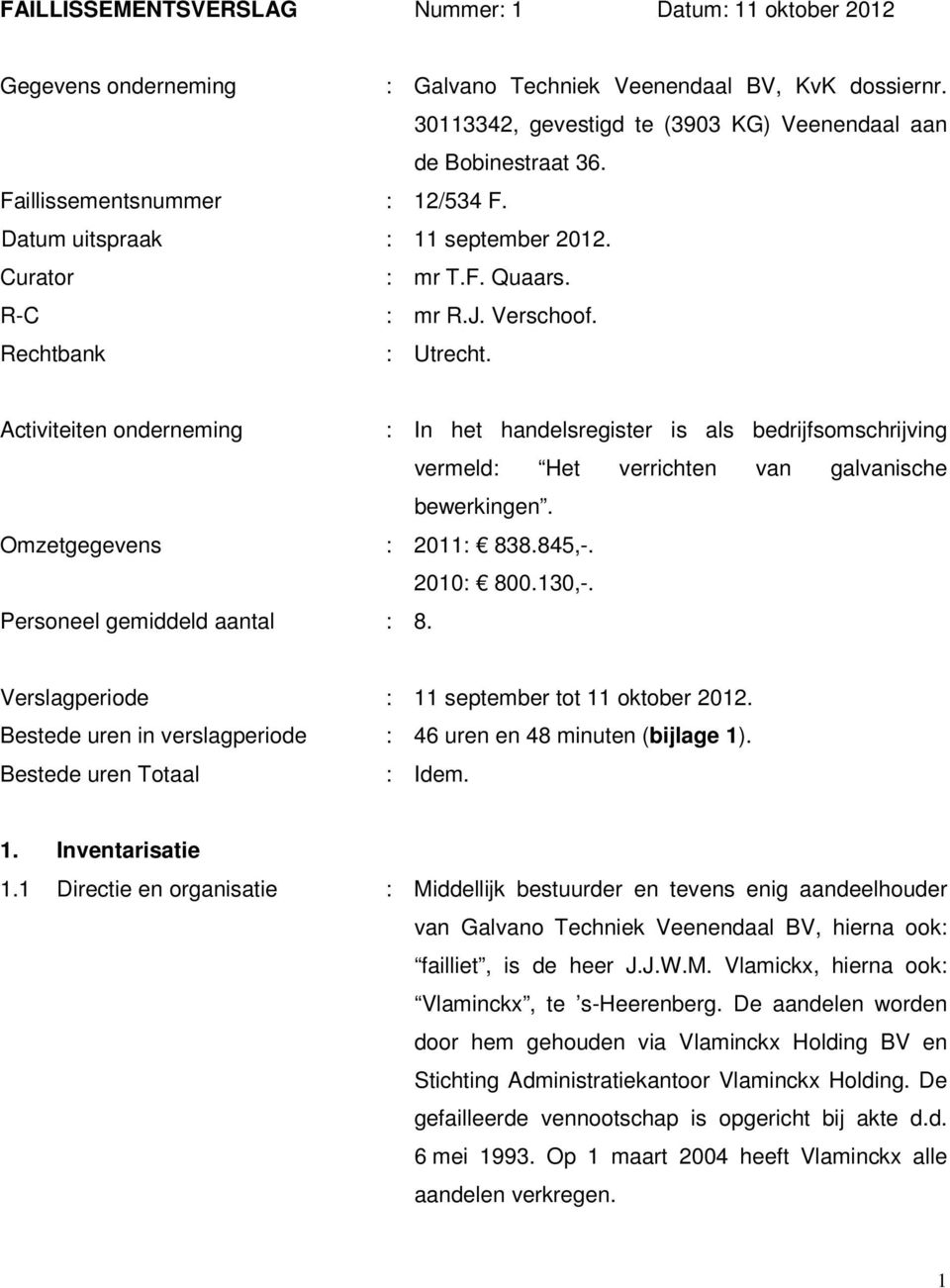 Activiteiten onderneming : In het handelsregister is als bedrijfsomschrijving vermeld: Het verrichten van galvanische bewerkingen. Omzetgegevens : 2011: 838.845,-. 2010: 800.130,-.