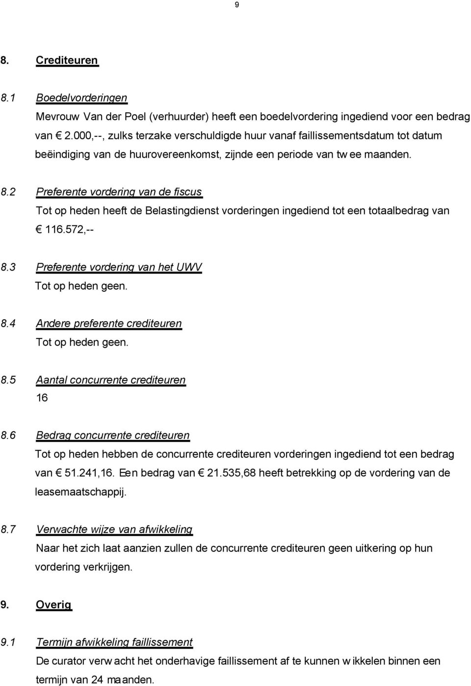 2 Preferente vordering van de fiscus Tot op heden heeft de Belastingdienst vorderingen ingediend tot een totaalbedrag van 116.572,-- 8.3 Preferente vordering van het UWV Tot op heden geen. 8.4 Andere preferente crediteuren Tot op heden geen.