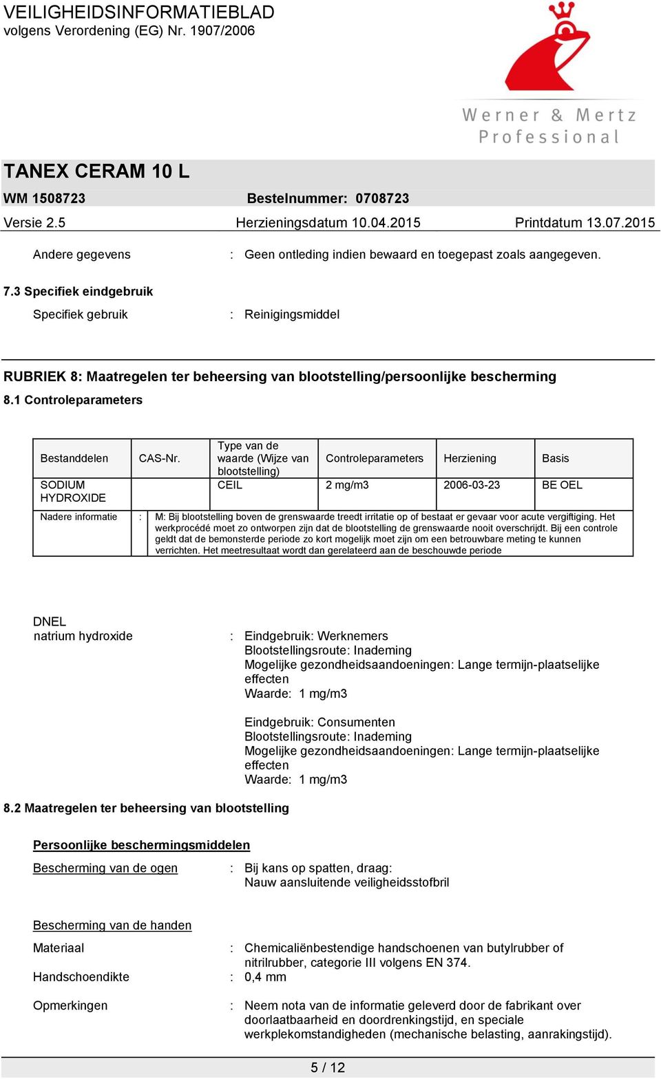 1 Controleparameters Bestanddelen SODIUM HYDROXIDE CAS-Nr.