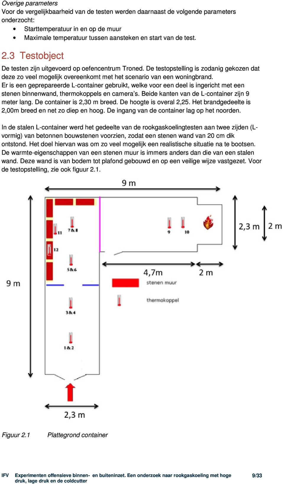 Er is een geprepareerde L-container gebruikt, welke voor een deel is ingericht met een stenen binnenwand, thermokoppels en camera s. Beide kanten van de L-container zijn 9 meter lang.