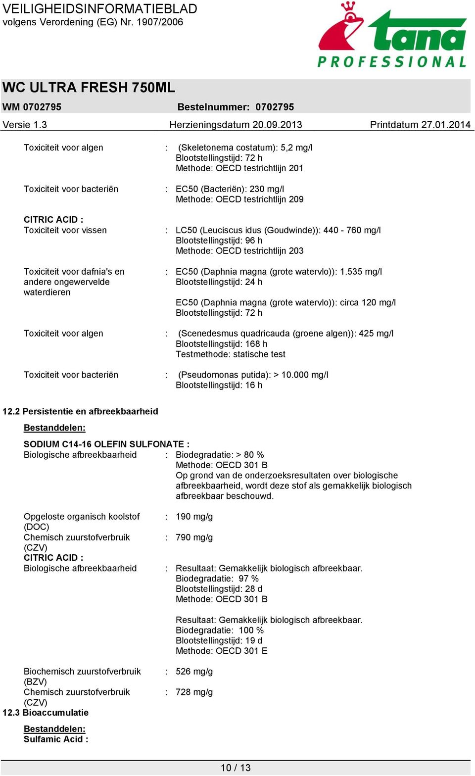 testrichtlijn 203 : EC50 (Daphnia magna (grote watervlo)): 1.
