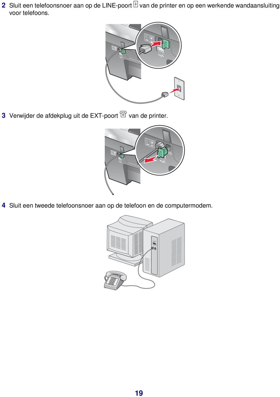 telefoons. 3 Verwijder de afdekplug uit de EXT-poort van de printer.