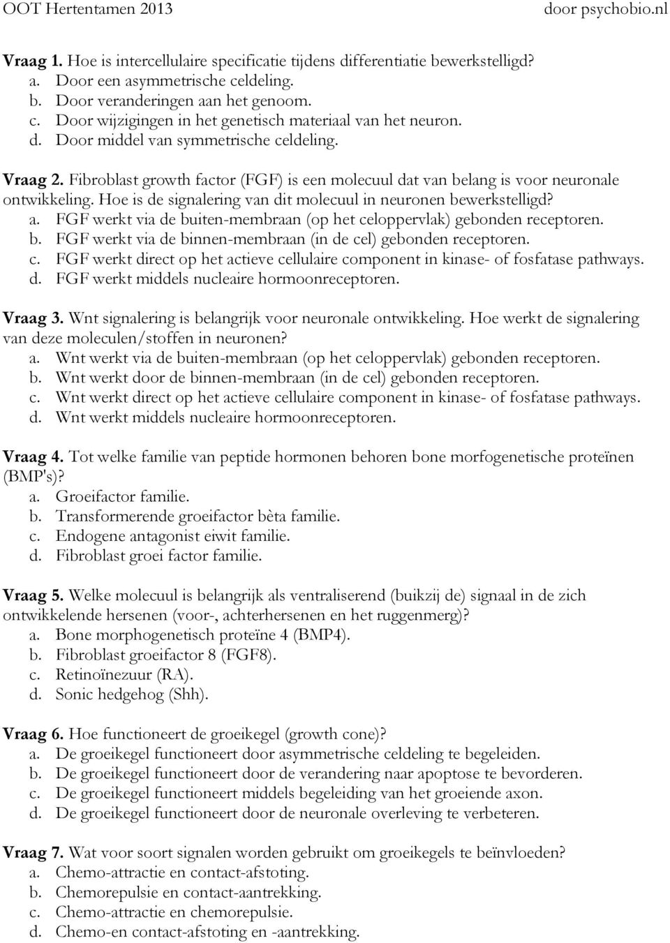 Hoe is de signalering van dit molecuul in neuronen bewerkstelligd? a. FGF werkt via de buiten-membraan (op het celoppervlak) gebonden receptoren. b. FGF werkt via de binnen-membraan (in de cel) gebonden receptoren.