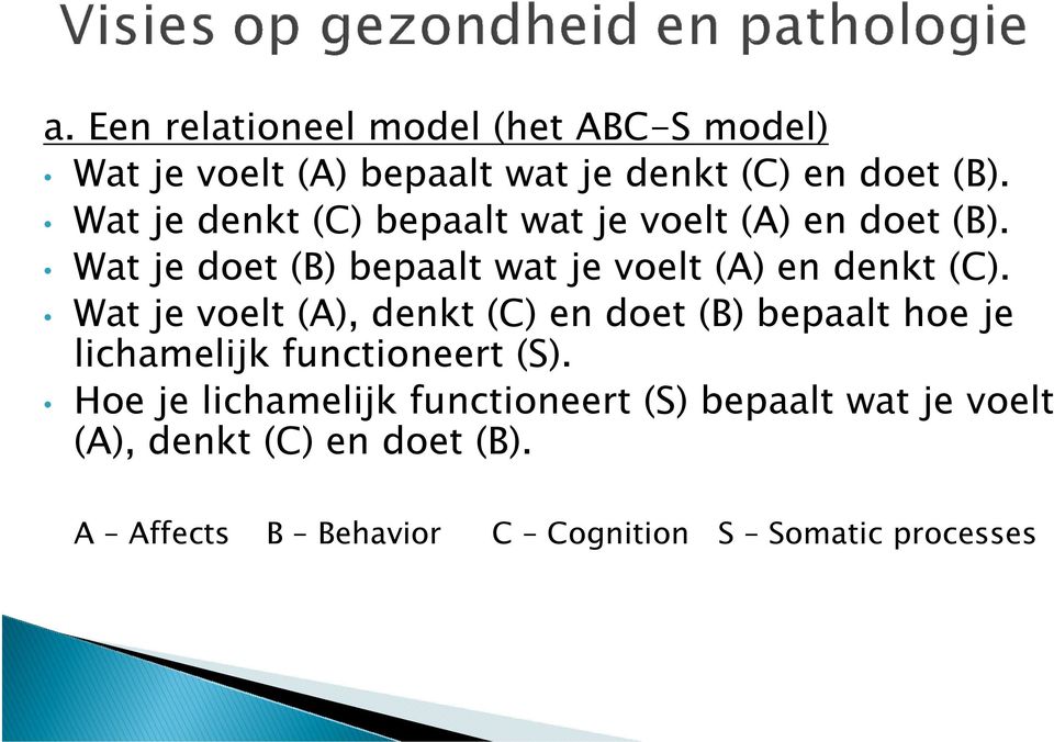 Wat je doet (B) bepaalt wat je voelt (A) en denkt (C).