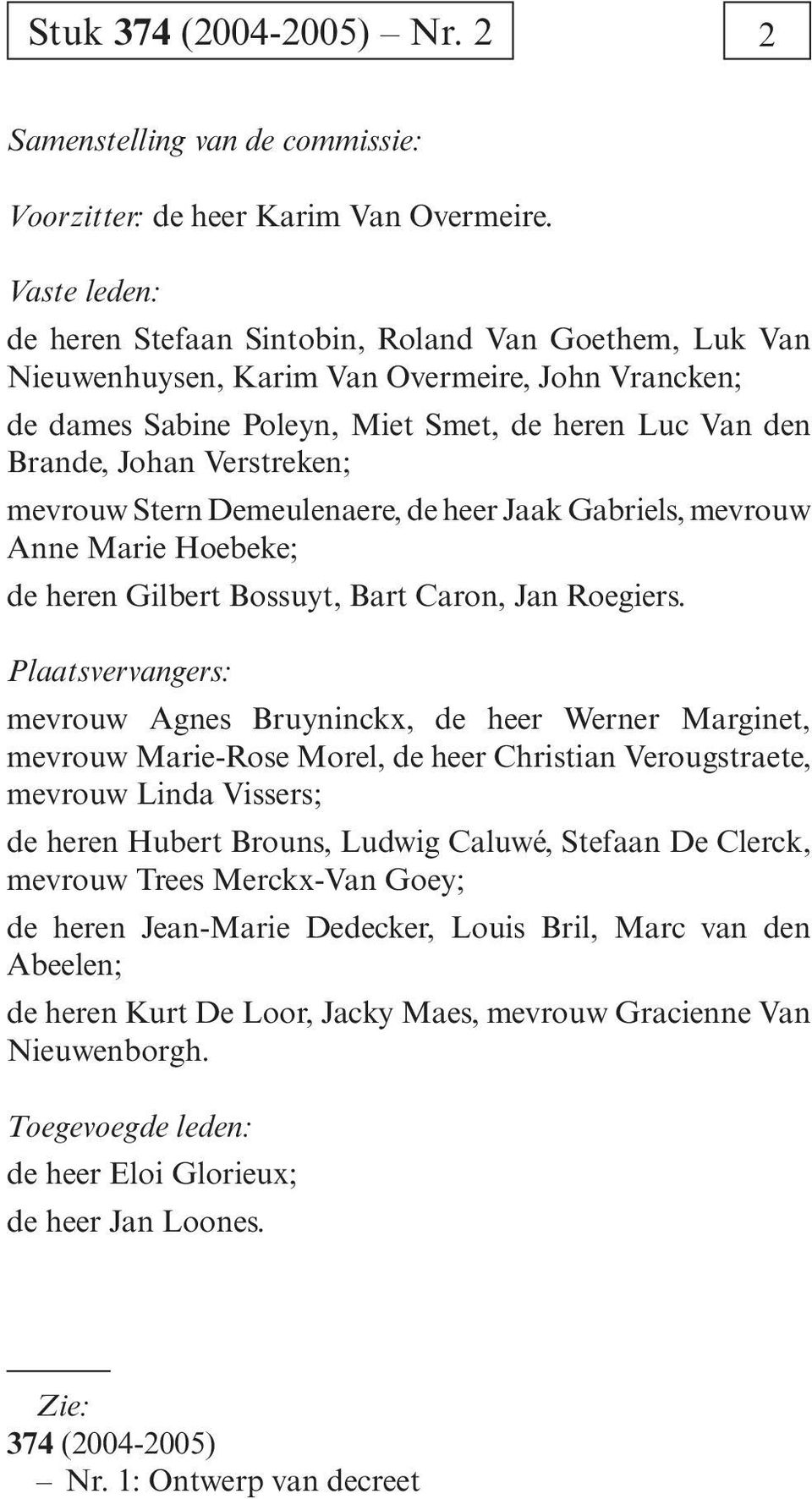 Verstreken; mevrouw Stern Demeulenaere, de heer Jaak Gabriels, mevrouw Anne Marie Hoebeke; de heren Gilbert Bossuyt, Bart Caron, Jan Roegiers.