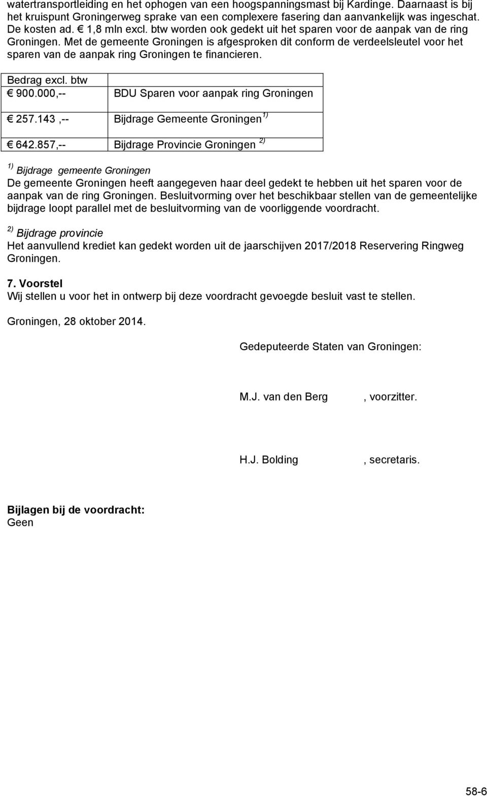Met de gemeente Groningen is afgesproken dit conform de verdeelsleutel voor het sparen van de aanpak ring Groningen te financieren. Bedrag excl. btw 900.