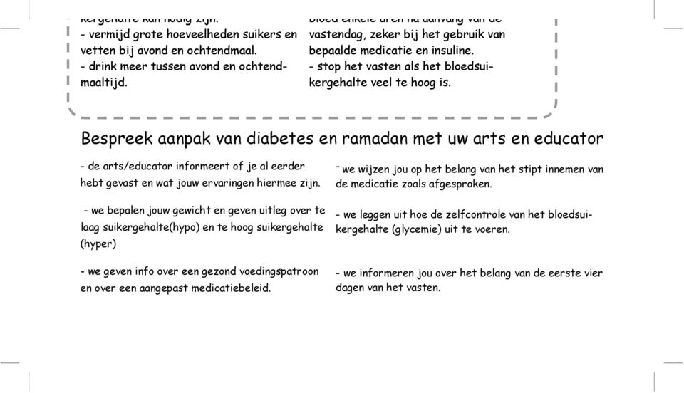 Bespreek aanpak van diabetes en ramadan met uw arts en educator - de arts/educator informeert of je al eerder hebt gevast en wat jouw ervaringen hiermee zijn.