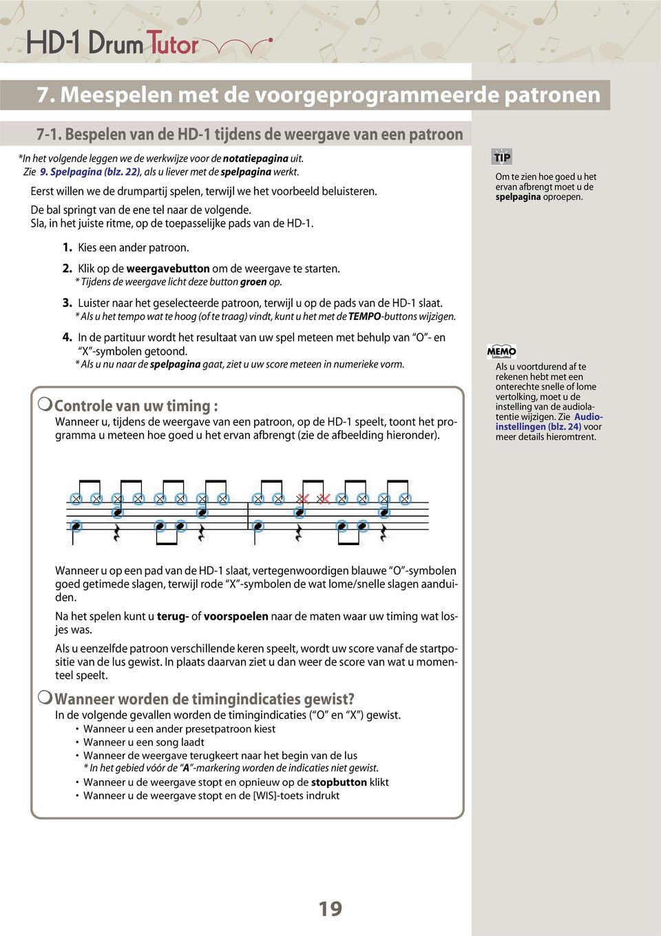 Sla, in het juiste ritme, op de toepasselijke pads van de HD-1. 1. Kies een ander patroon. 2. Klik op de weergavebutton om de weergave te starten. * Tijdens de weergave licht deze button groen op. 3.