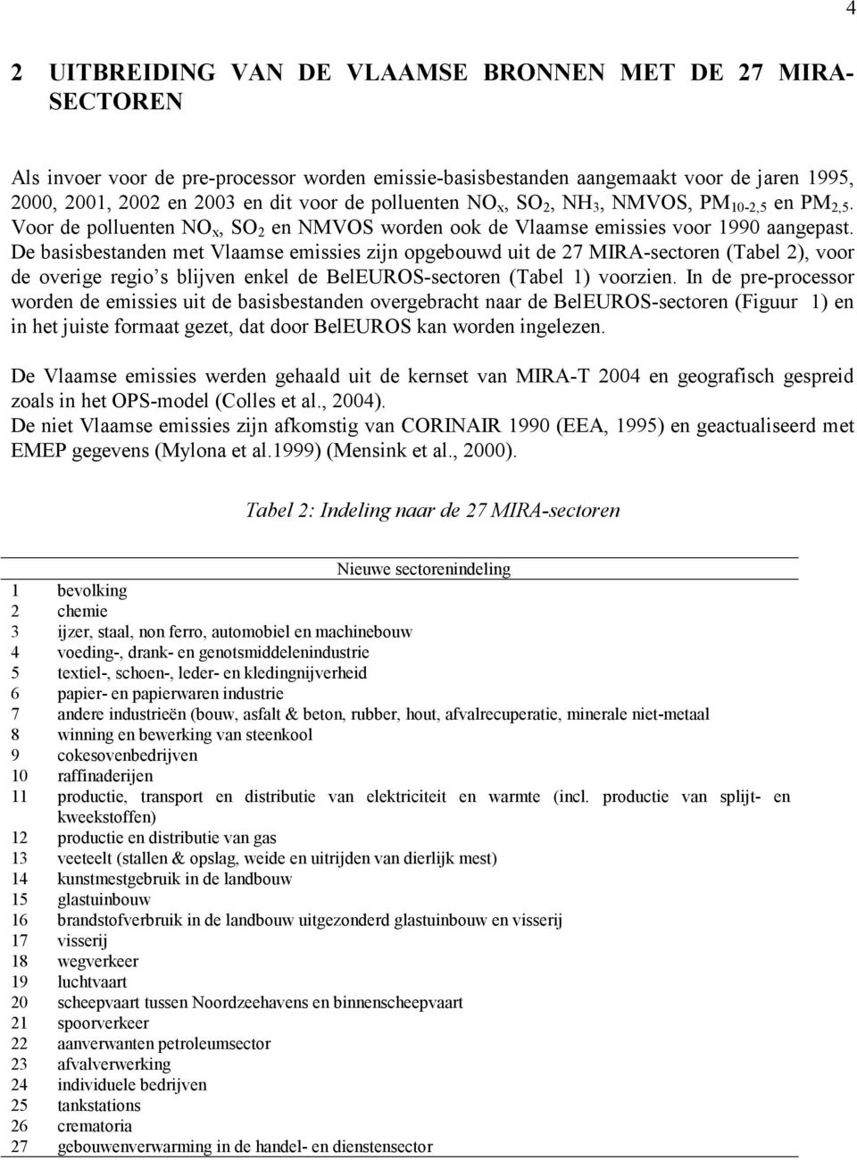 De basisbestanden met Vlaamse emissies zijn opgebouwd uit de 27 MIRA-sectoren (Tabel 2), voor de overige regio s blijven enkel de BelEUROS-sectoren (Tabel 1) voorzien.