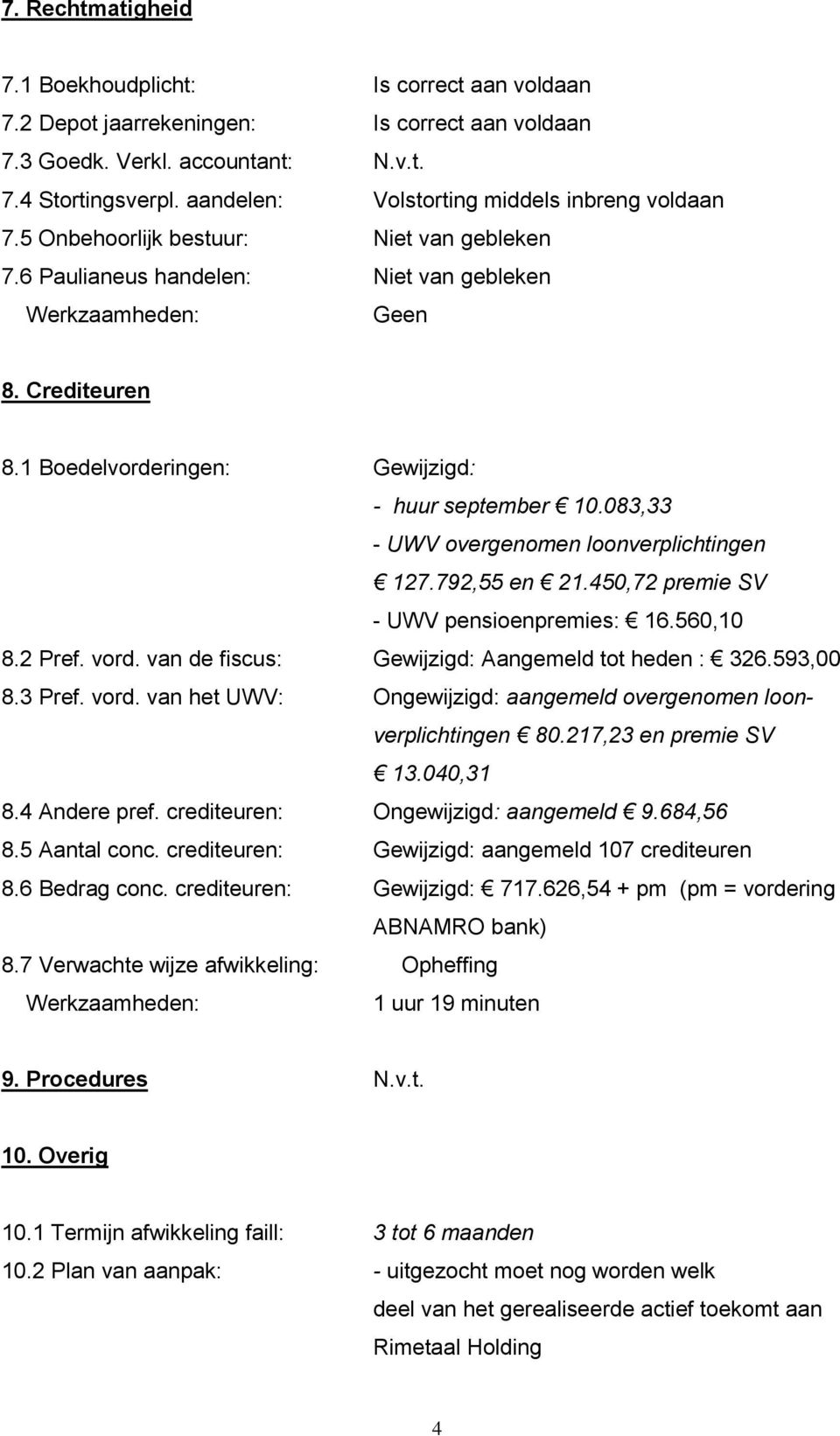 1 Boedelvorderingen: Gewijzigd: - huur september 10.083,33 - UWV overgenomen loonverplichtingen 127.792,55 en 21.450,72 premie SV - UWV pensioenpremies: 16.560,10 8.2 Pref. vord.