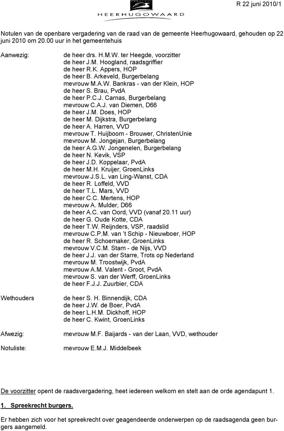 Arkeveld, Burgerbelang mevrouw M.A.W. Bankras - van der Klein, HOP de heer S. Brau, PvdA de heer P.C.J. Carnas, Burgerbelang mevrouw C.A.J. van Diemen, D66 de heer J.M. Does, HOP de heer M.