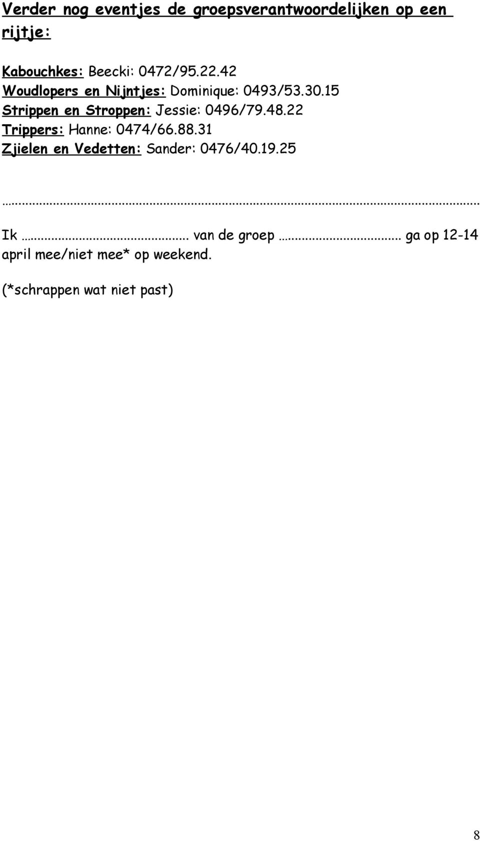 15 Strippen en Stroppen: Jessie: 0496/79.48.22 Trippers: Hanne: 0474/66.88.