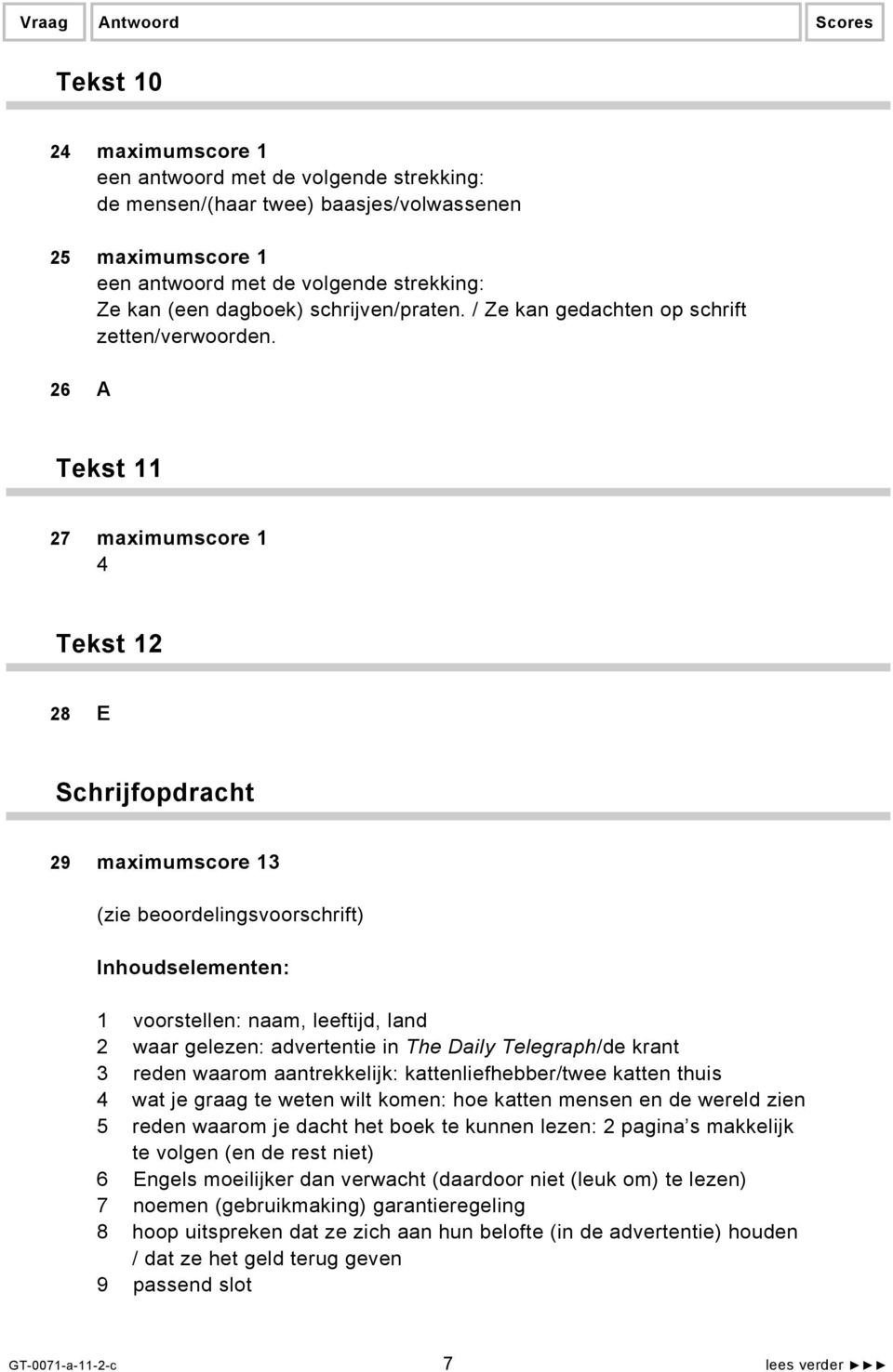 26 A Tekst 11 27 maximumscore 1 4 Tekst 12 28 E Schrijfopdracht 29 maximumscore 13 (zie beoordelingsvoorschrift) Inhoudselementen: 1 voorstellen: naam, leeftijd, land 2 waar gelezen: advertentie in