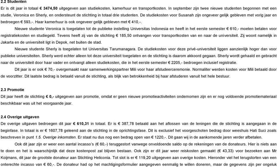 De studiekosten voor Susanah zijn ongeveer gelijk gebleven met vorig jaar en bedroegen 593,-. Haar kamerhuur is ook ongeveer gelijk gebleven met 410,-.