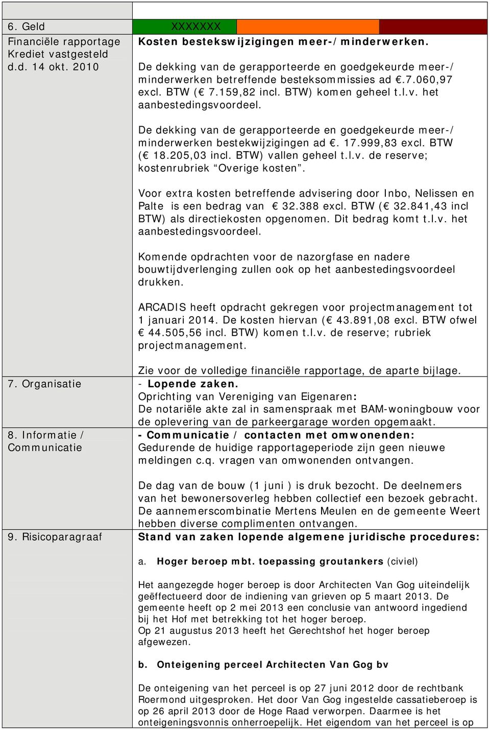 De dekking van de gerapporteerde en goedgekeurde meer-/ minderwerken bestekwijzigingen ad. 17.999,83 excl. BTW ( 18.205,03 incl. BTW) vallen geheel t.l.v. de reserve; kostenrubriek Overige kosten.