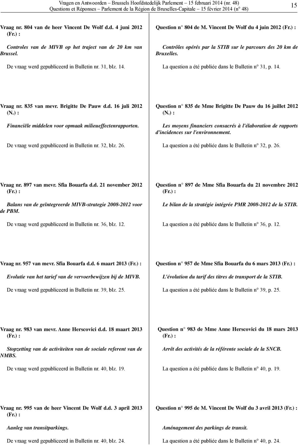 ) : Contrôles opérés par la STIB sur le parcours des 20 km de Bruxelles. La question a été publiée dans le Bulletin n 31, p. 14. Vraag nr. 835 van mevr. Brigitte De Pauw d.d. 16 juli 2012 (N.