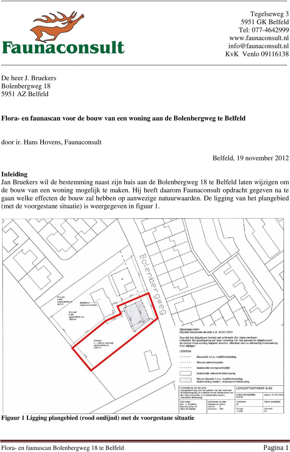 Hans Hovens, Faunaconsult Belfeld, 19 november 2012 Inleiding Jan Bruekers wil de bestemming naast zijn huis aan de Bolenbergweg 18 te Belfeld laten wijzigen om de bouw van een woning mogelijk te