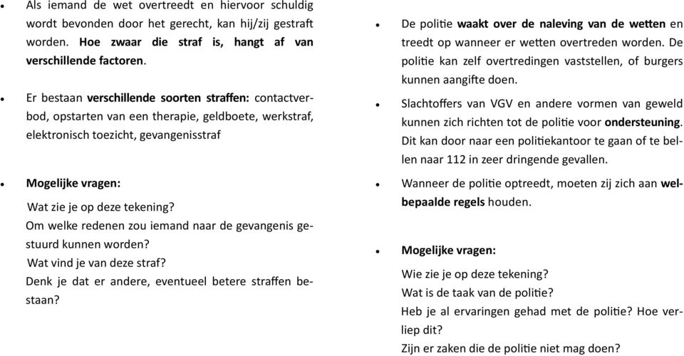 Er bestaan verschillende soorten straffen: contactverbod, opstarten van een therapie, geldboete, werkstraf, elektronisch toezicht, gevangenisstraf Slachtoffers van VGV en andere vormen van geweld