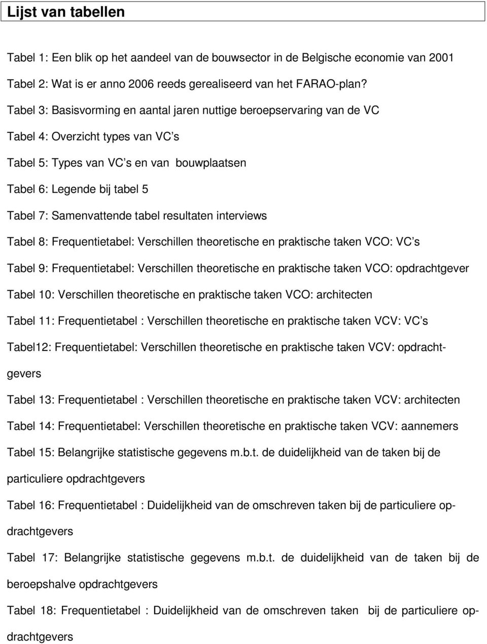 Samenvattende tabel resultaten interviews Tabel 8: Frequentietabel: Verschillen theoretische en praktische taken VCO: VC s Tabel 9: Frequentietabel: Verschillen theoretische en praktische taken VCO: