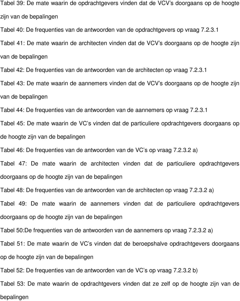 2.3.2 a) Tabel 47: De mate waarin de architecten vinden dat de particuliere opdrachtgevers doorgaans op de hoogte zijn van de bepalingen Tabel 48: De frequenties van de antwoorden van de architecten