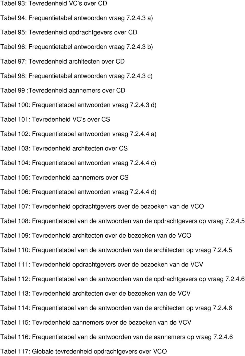 2.4.4 c) Tabel 105: Tevredenheid aannemers over CS Tabel 106: Frequentietabel antwoorden vraag 7.2.4.4 d) Tabel 107: Tevredenheid opdrachtgevers over de bezoeken van de VCO Tabel 108: Frequentietabel van de antwoorden van de opdrachtgevers op vraag 7.