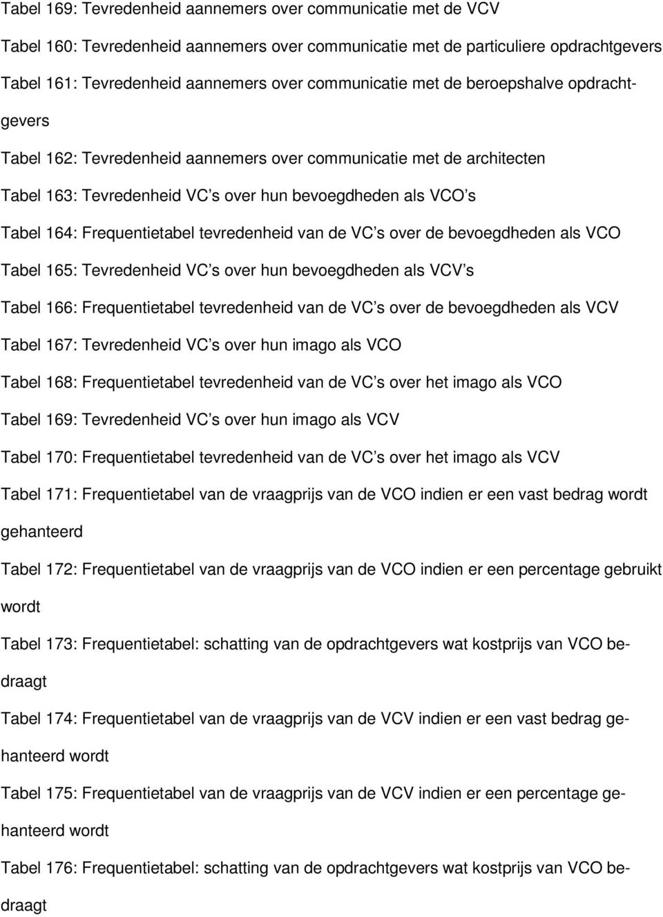 Frequentietabel tevredenheid van de VC s over de bevoegdheden als VCO Tabel 165: Tevredenheid VC s over hun bevoegdheden als VCV s Tabel 166: Frequentietabel tevredenheid van de VC s over de