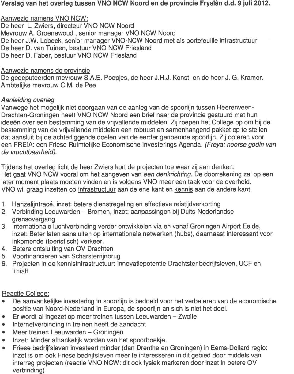 Faber, bestuur VNO NOW Friesland Aanwezig namens de provincie De gedeputeerden mevrouw S.A.E. Poepjes, de heer J.H.J. Konst en de heer J. G. Kramer. Ambtelijke mevrouw O.M.