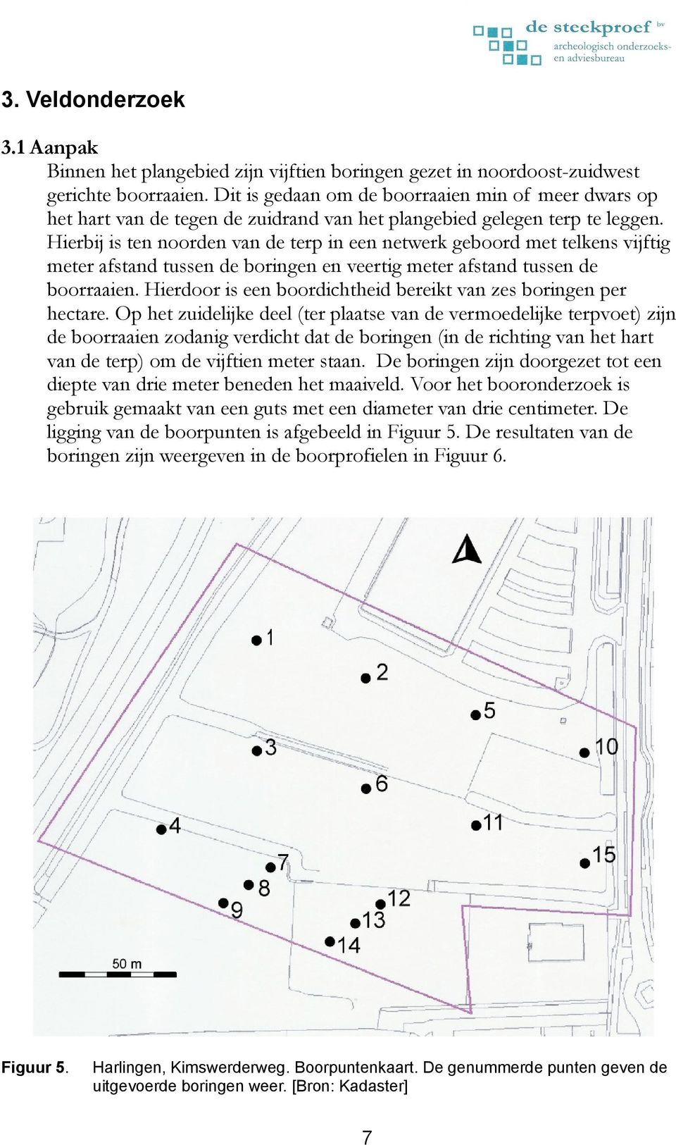 Hierbij is ten noorden van de terp in een netwerk geboord met telkens vijftig meter afstand tussen de boringen en veertig meter afstand tussen de boorraaien.