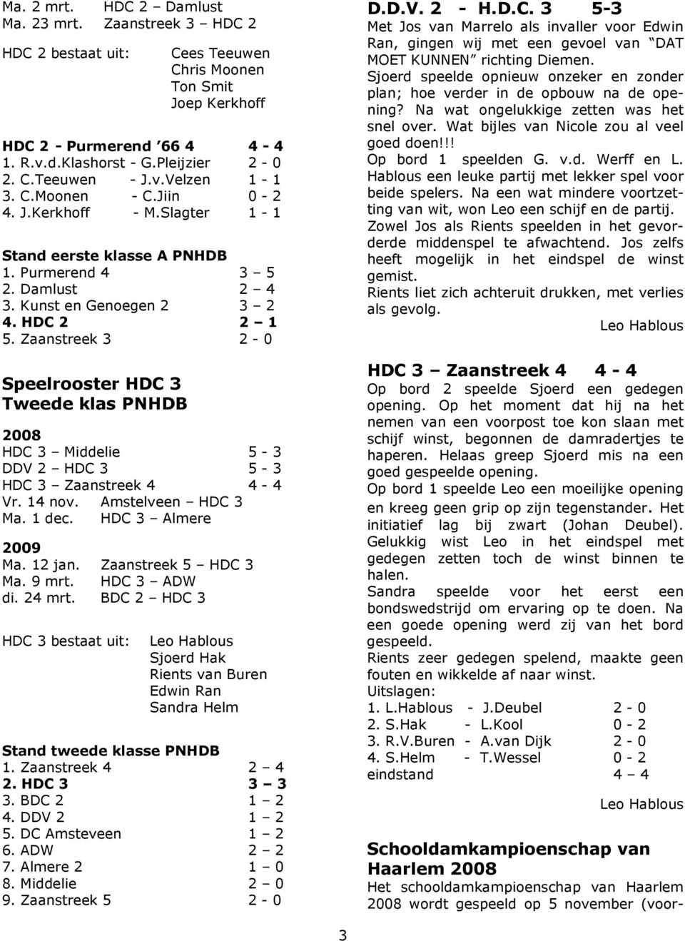 Zaanstreek 3 2-0 Speelrooster HDC 3 Tweede klas PNHDB HDC 3 Middelie 5-3 DDV 2 HDC 3 5-3 HDC 3 Zaanstreek 4 4-4 Vr. 14 nov. Amstelveen HDC 3 Ma. 1 dec. HDC 3 Almere Ma. 12 jan. Zaanstreek 5 HDC 3 Ma.